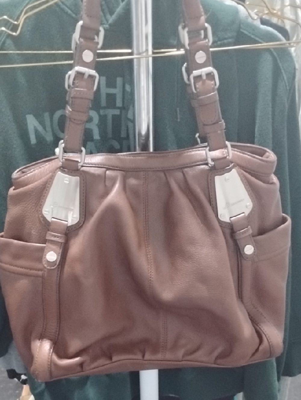 b. makowsky Brown Leather Shoulder Bag with Silver Hardware